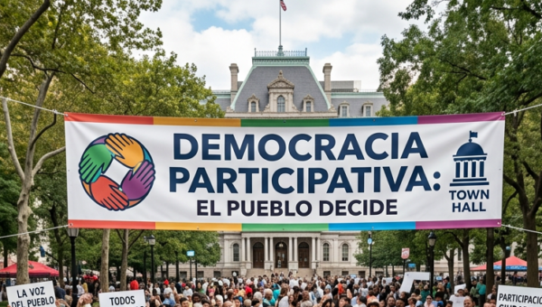 People attending a town hall meeting with banners promoting participatory democracy and community topics