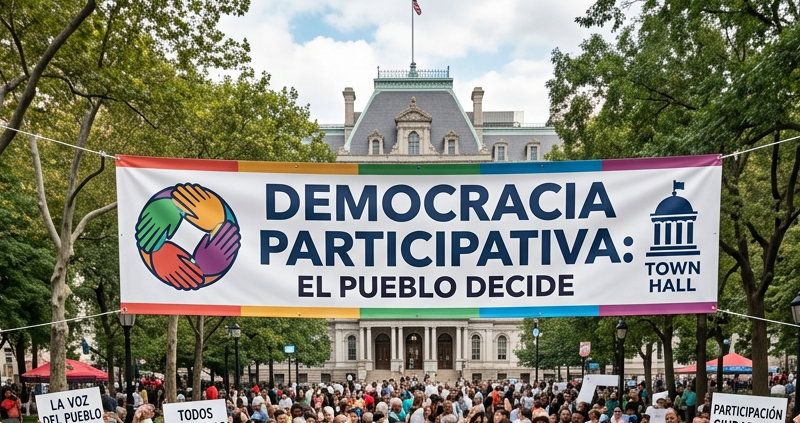 People attending a town hall meeting with banners promoting participatory democracy and community topics