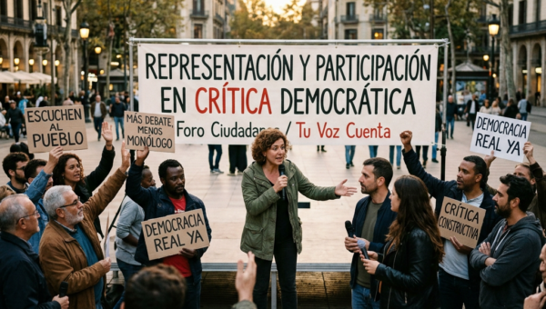 People holding signs and speaking at a public forum on democratic participation