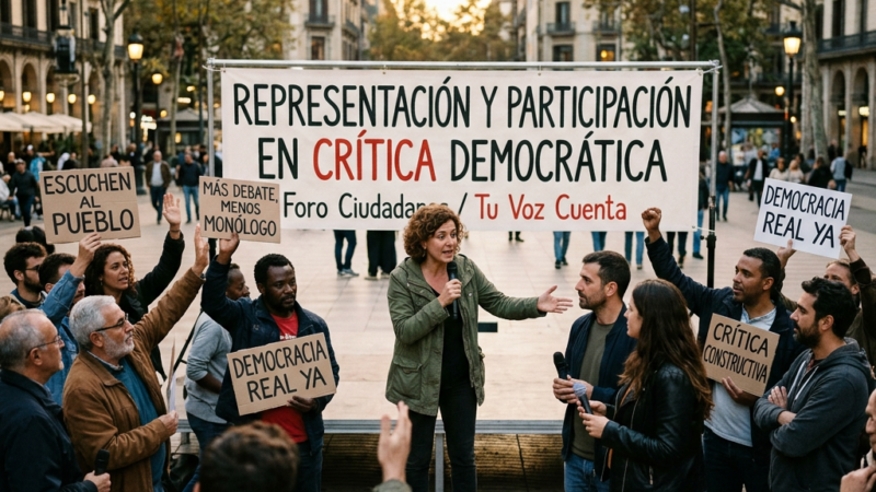 People holding signs and speaking at a public forum on democratic participation