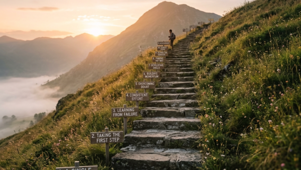 Stone staircase on a mountain with signs listing steps for success and a person ascending