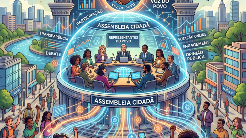 People using digital devices connected to a virtual citizen assembly representing the voice of the people