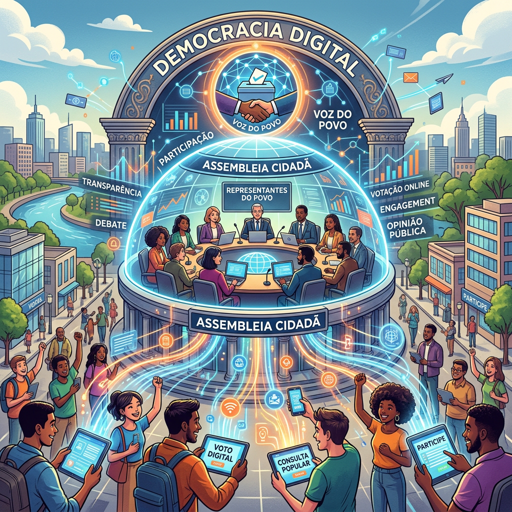 People using digital devices connected to a virtual citizen assembly representing the voice of the people