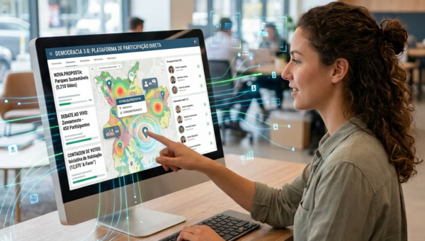 Woman pointing at an interactive urban planning map on a computer screen