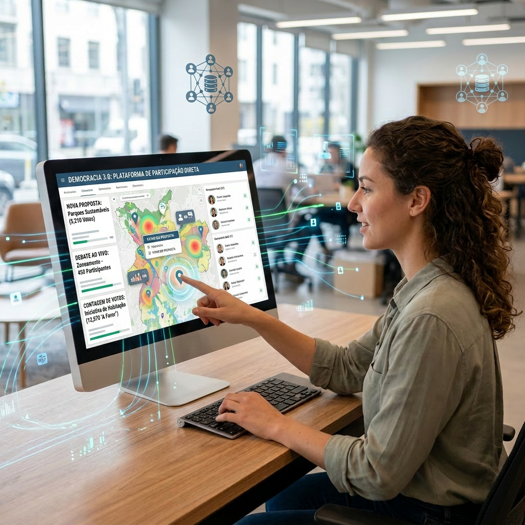 Woman pointing at an interactive urban planning map on a computer screen