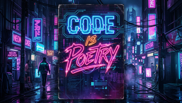 Neon sign saying 'Code is Poetry' on a futuristic city street with neon lights and people walking.