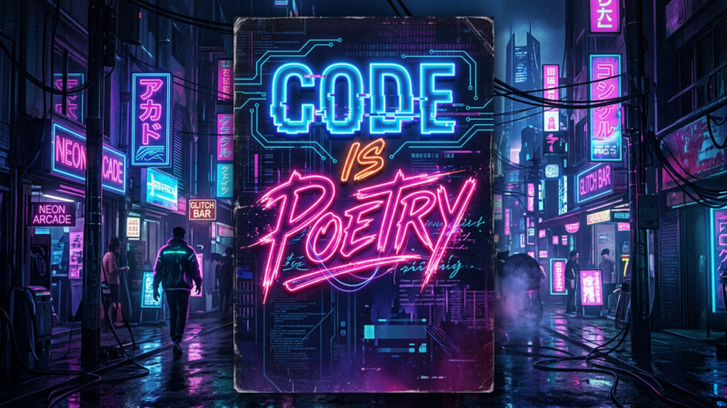 Neon sign saying 'Code is Poetry' on a futuristic city street with neon lights and people walking.