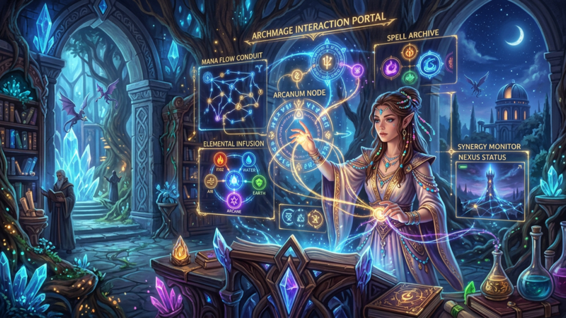 Elven mage using a magical interface with symbols and diagrams in a crystal-filled library