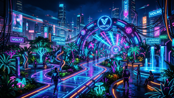 Neon garden pathway with people, plants, and futuristic city buildings at night