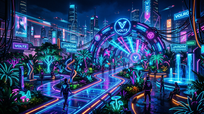 Neon garden pathway with people, plants, and futuristic city buildings at night
