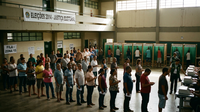 People in line to vote at a polling station with voting booths and ballot machines
