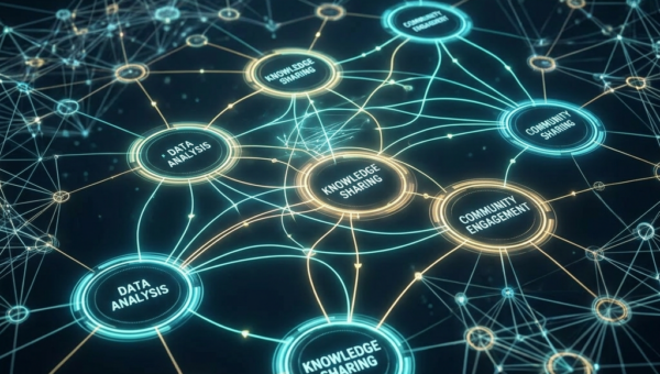 Network map with nodes labeled knowledge sharing, data analysis, and community engagement connected by glowing lines