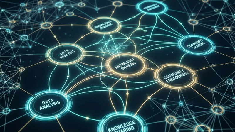 Network map with nodes labeled knowledge sharing, data analysis, and community engagement connected by glowing lines