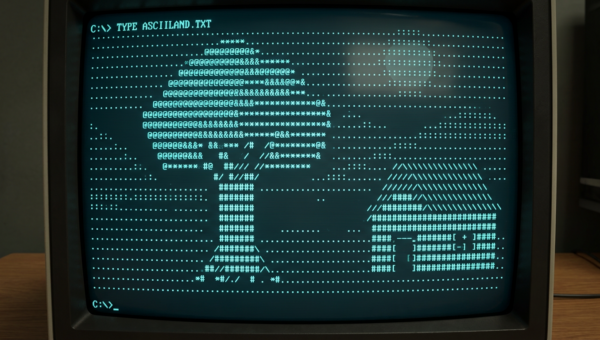 Vintage CRT monitor showing ASCII art of a tree and a house with text 'C:> TYPE ASCILLAND.TXT'
