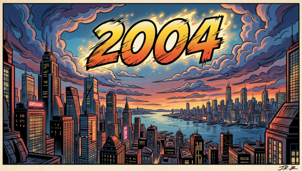 Comic-style city skyline at sunset with large bold text '2004' in the sky