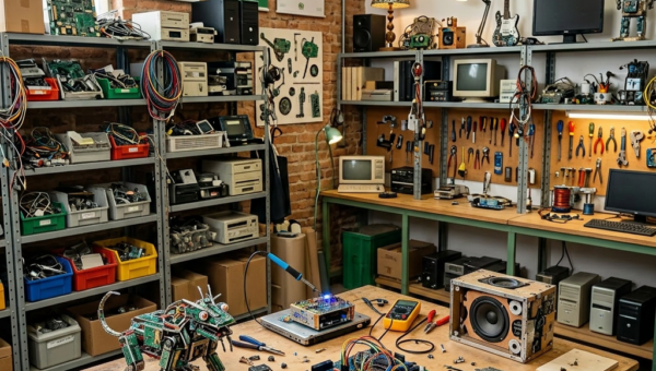 Four people working together on electronic circuits and devices in a recycling workshop