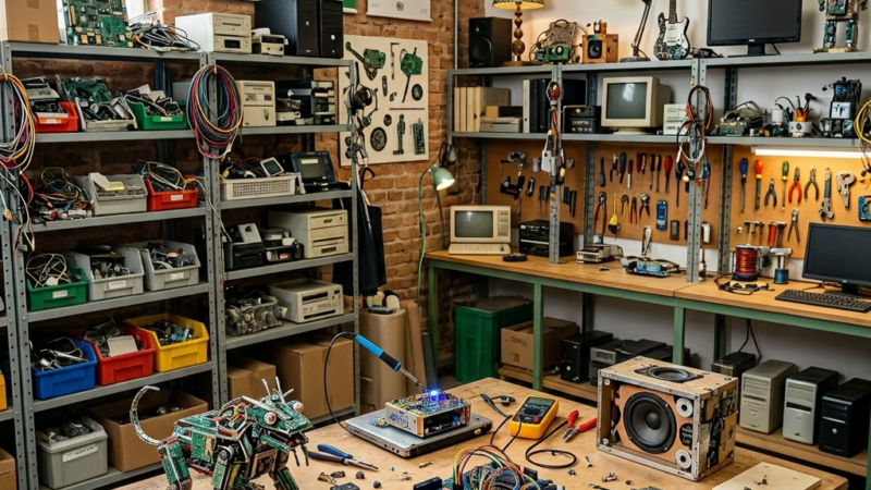 Four people working together on electronic circuits and devices in a recycling workshop