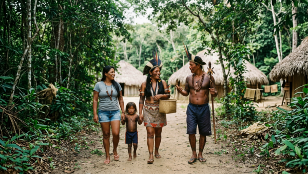 Indigenous family walking on village path with traditional attire and face paint