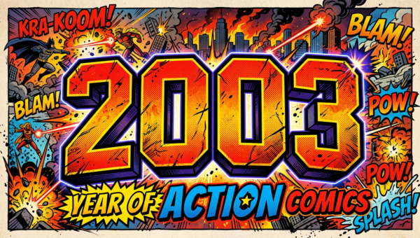 Bold 2023 text with comic heroes, explosions, and action words