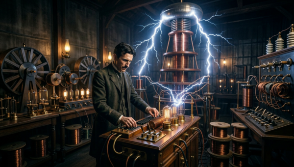 Nikola Tesla adjusting controls on a wooden device emitting large electrical bolts from a Tesla coil