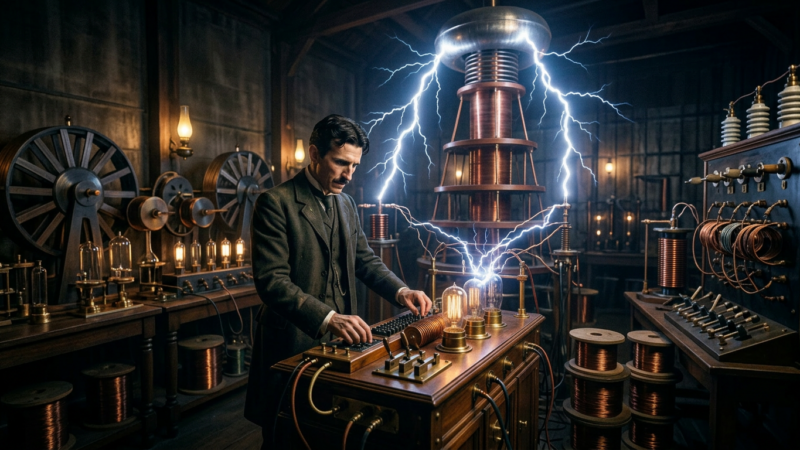 Nikola Tesla adjusting controls on a wooden device emitting large electrical bolts from a Tesla coil