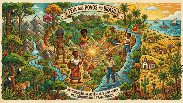 Diverse traditional Brazilian communities linked by a colorful web over a map with natural landscapes
