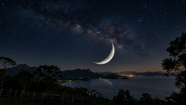 Milky Way galaxy and crescent moon above a dark coastline at night
