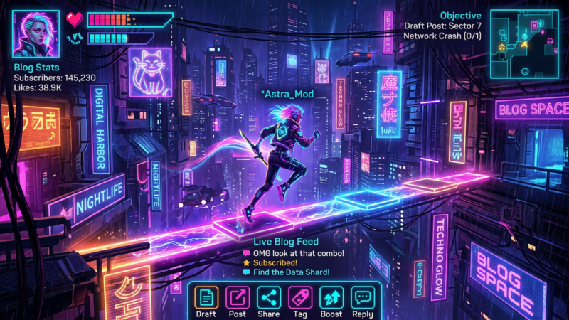 Cyberpunk character running on neon platforms in a futuristic city with blog stats, live feed, and objective display