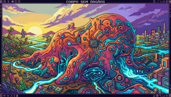 Pixel art of a colorful mountain resembling a circuit board with flowing rivers and a sunset in the background