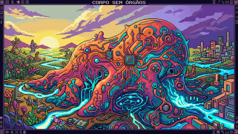 Pixel art of a colorful mountain resembling a circuit board with flowing rivers and a sunset in the background