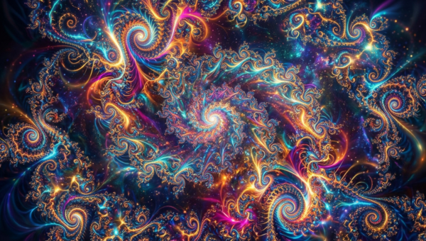 Complex fractal design with swirling spiral patterns in blue, orange, and purple hues