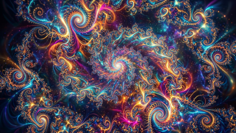 Complex fractal design with swirling spiral patterns in blue, orange, and purple hues