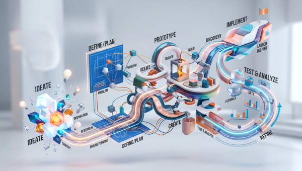 3D diagram illustrating the stages of product development: ideate, define/plan, prototype, implement, and test & analyze