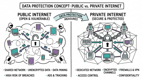 Diagram contrasting public internet vulnerabilities with private internet protections