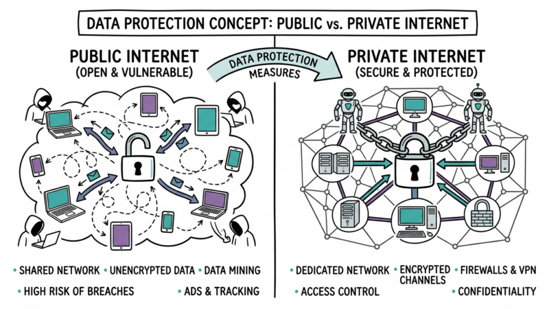 Diagram contrasting public internet vulnerabilities with private internet protections