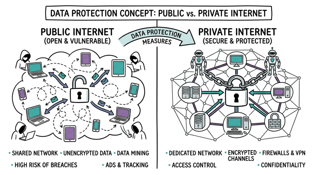 Diagram contrasting public internet vulnerabilities with private internet protections