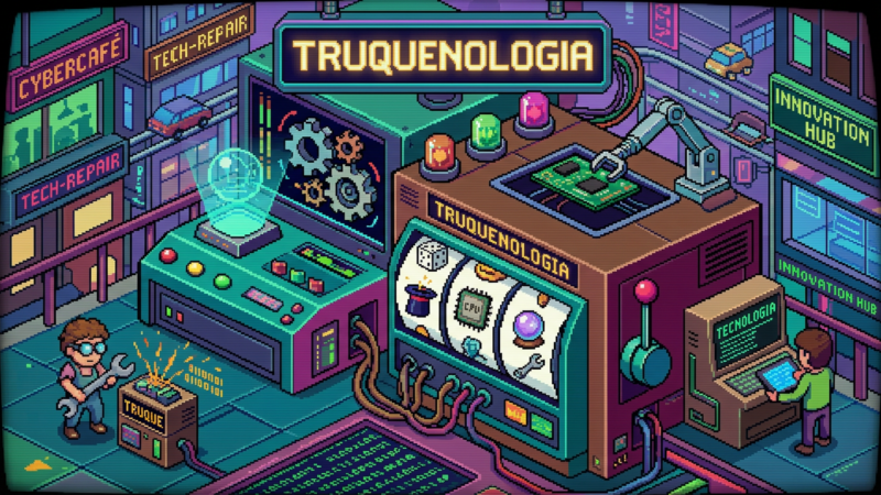 Futuristic technology workshop with a machine labeled Truquenologia and people working on tech repairs