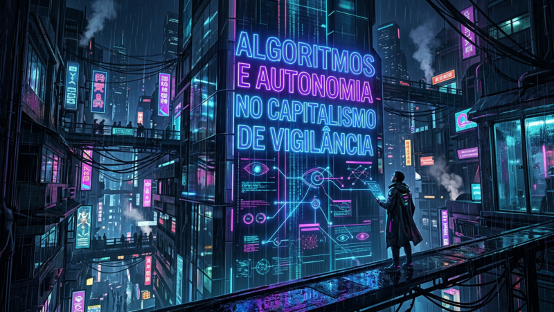 Futuristic cityscape with neon signs reading 'Algoritmos e autonomia no capitalismo de vigilância' and a person analyzing digital displays