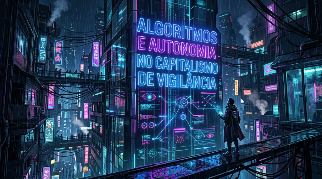 Futuristic cityscape with neon signs reading 'Algoritmos e autonomia no capitalismo de vigilância' and a person analyzing digital displays