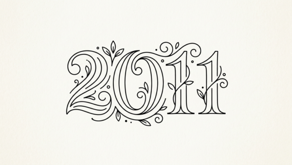 Intricately designed black line art of the year 2011 with floral and swirl patterns