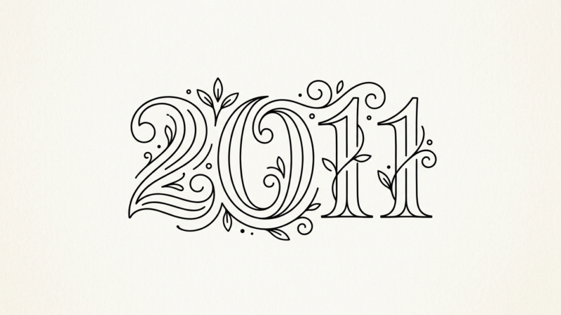Intricately designed black line art of the year 2011 with floral and swirl patterns